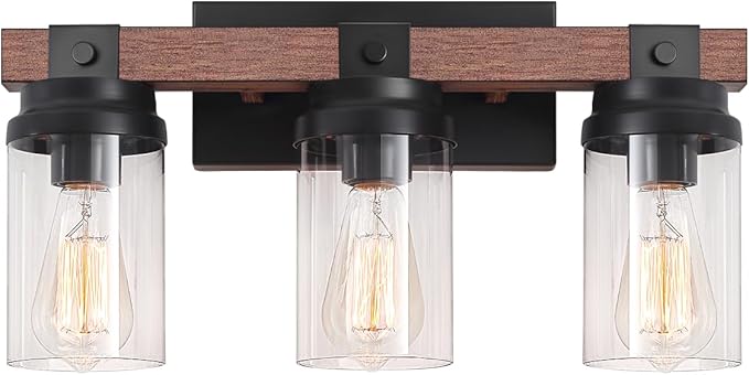 3 Light Farmhouse Vanity Light, Rustic Black Bathroom Light Over Mirror with Clear Glass Shade, Wood Grain Vintage Farmhouse Wall Sconces for Bathroom, Living Room, Hallway