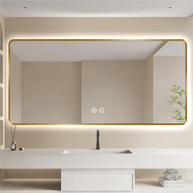 36x72 Gold LED Mirror for Bathroom, Metal Framed Smart Mirror with Backlit, Anti-Fog, Stepless Dimmable & 3-Color Lights, UL-Listed LED Driver, Lighted Vanity Wall, Horizontal