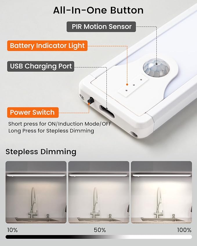 8 Inch Under Cabinet Lights, 41 LED Rechargeable Magnetic Motion Sensor Light Indoor, Brightness Dimmable 6000K Stepless Dimming Closet Light, for Under Counter, Kitchen, Stairs, Closet, 5 Packs