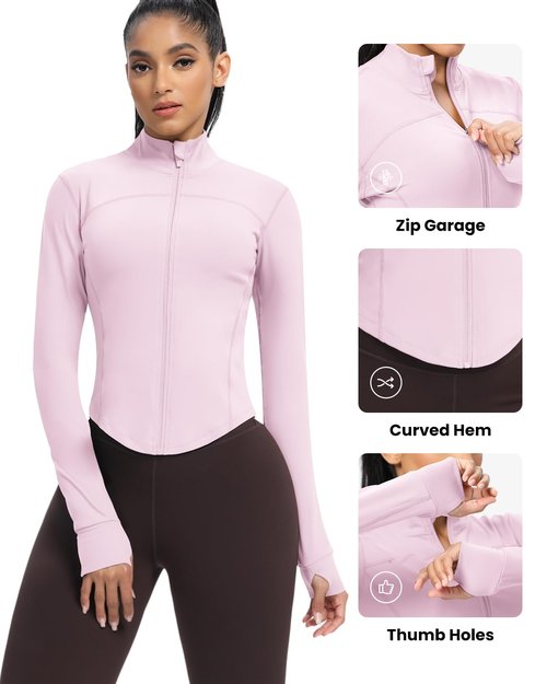 AVGO Women's Cropped Running Workout Jackets Zip Slim Fit Athletic Tops with Thumb Holes(Pink Lady, M)
