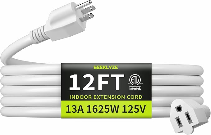 16/3 White Extension Cord 12 FT, Indoor Extension Cord for Laptops, Coffee Makers, Office Home Appliances, 3 Prong Resistant Cable Flexible, 13A 125V 1625W ETL Listed