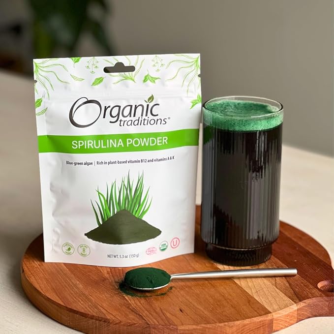 Organic Traditions Organic Spirulina Powder Vegan Non-GMO Superfood, 5.3oz (150g) Bag, 50 Servings per Bag