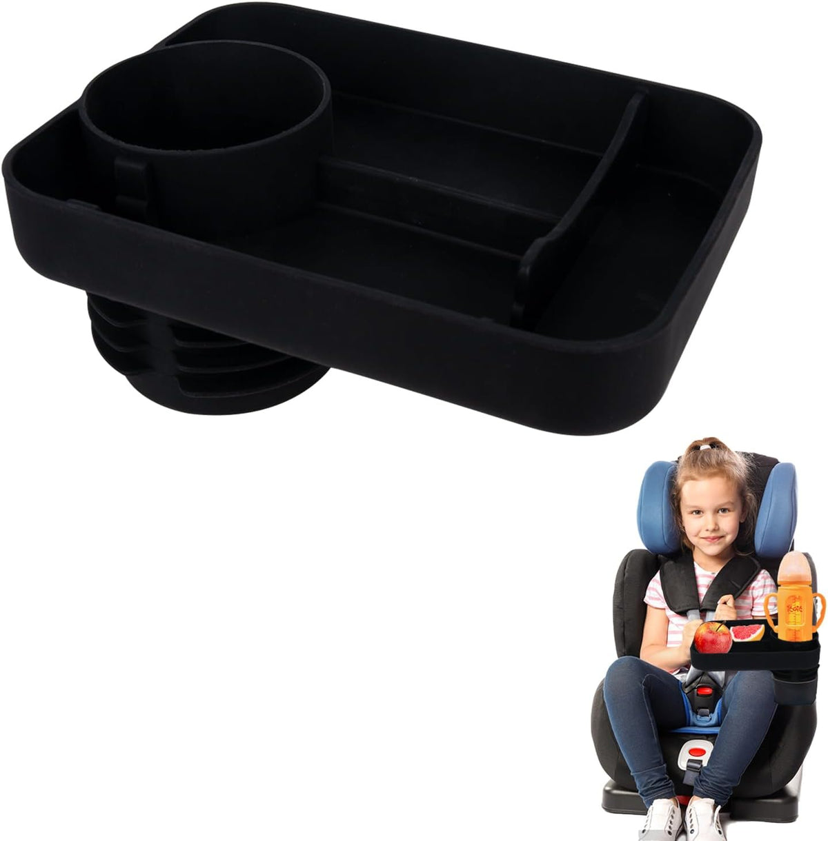 Car Cup Holder Tray -Expander- 3 in 1 Detachable Silicone Food Table Tray - Fits Most Car Seats, Road Trip Essentials Accessories Gadgets