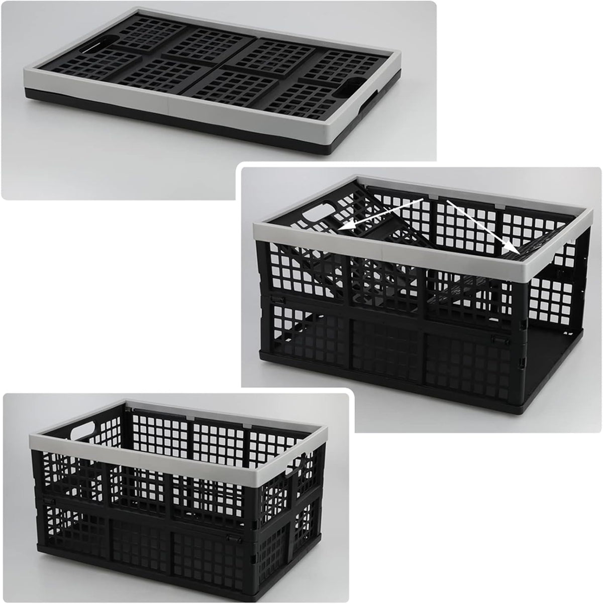 Kekow 3-Pack Black Plastic Collapsible Storage Basket, 42 L Folding Crates