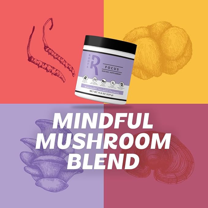 Roots Focus Nootropic Brain Supplement - Strawberry Watermelon & Spicy Pineapple- Lion's Mane, Cordyceps, & Reishi Functional Mushrooms + Extended-Release Caffeine, 100 Servings