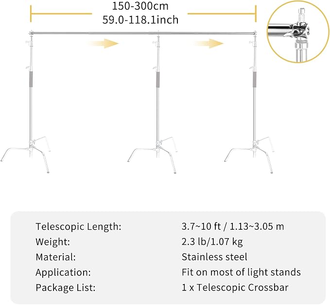 Pro Stainless Steel Telescopic Backdrop Crossbar Max Length 10 ft/3m Adjustable