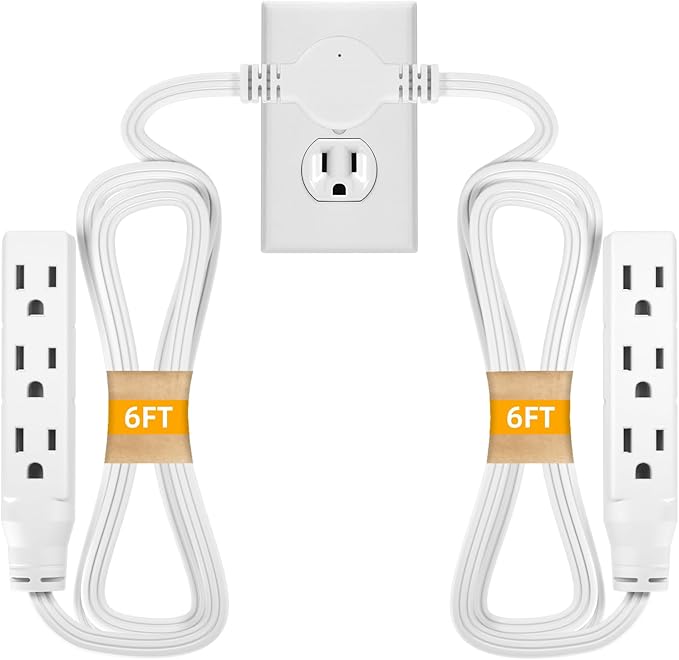 STARELO Twin Extension Cord Receptacle, 12FT Flat Plug with 6 3-Prong Receptacles, 6FT Long on Each Side, for Behind Beds, Sofas, Dressers, Furniture (White)