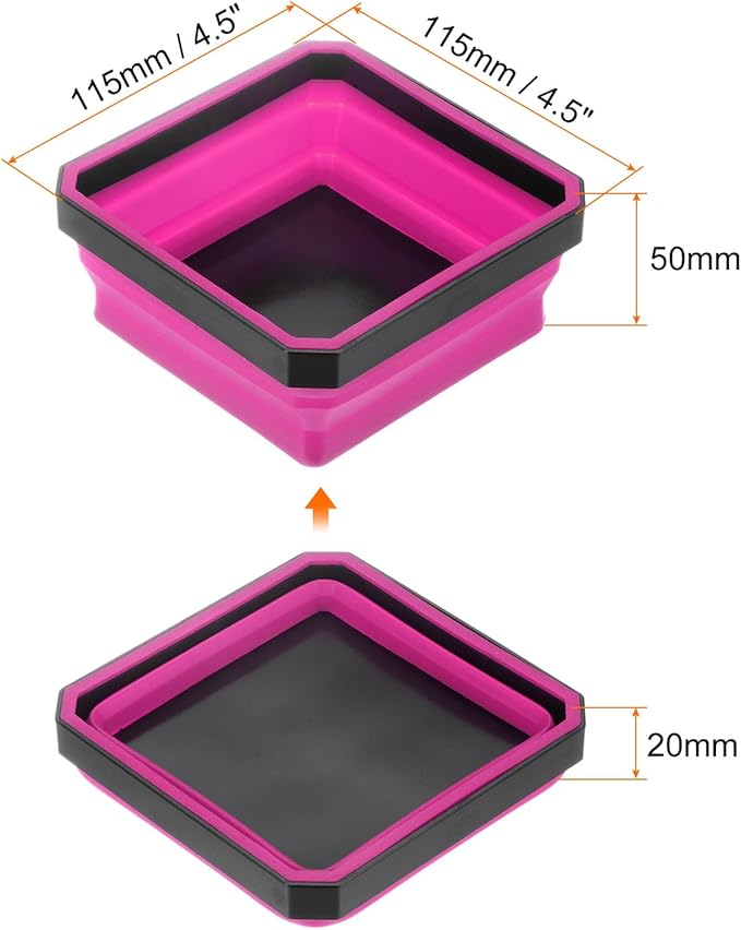 HARFINGTON Collapsible Magnetic Parts Tray Foldable Tool Trays Square Small Metal Parts Organiser for Fixing Screw Bolts Nuts Washers Pins, Rose Red
