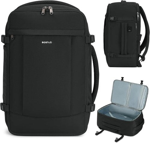 ECOHUB Travel Backpack - USB Charging, Anti-Theft Pockets, 15.6 Inch Laptop Compartment, 30L, Black