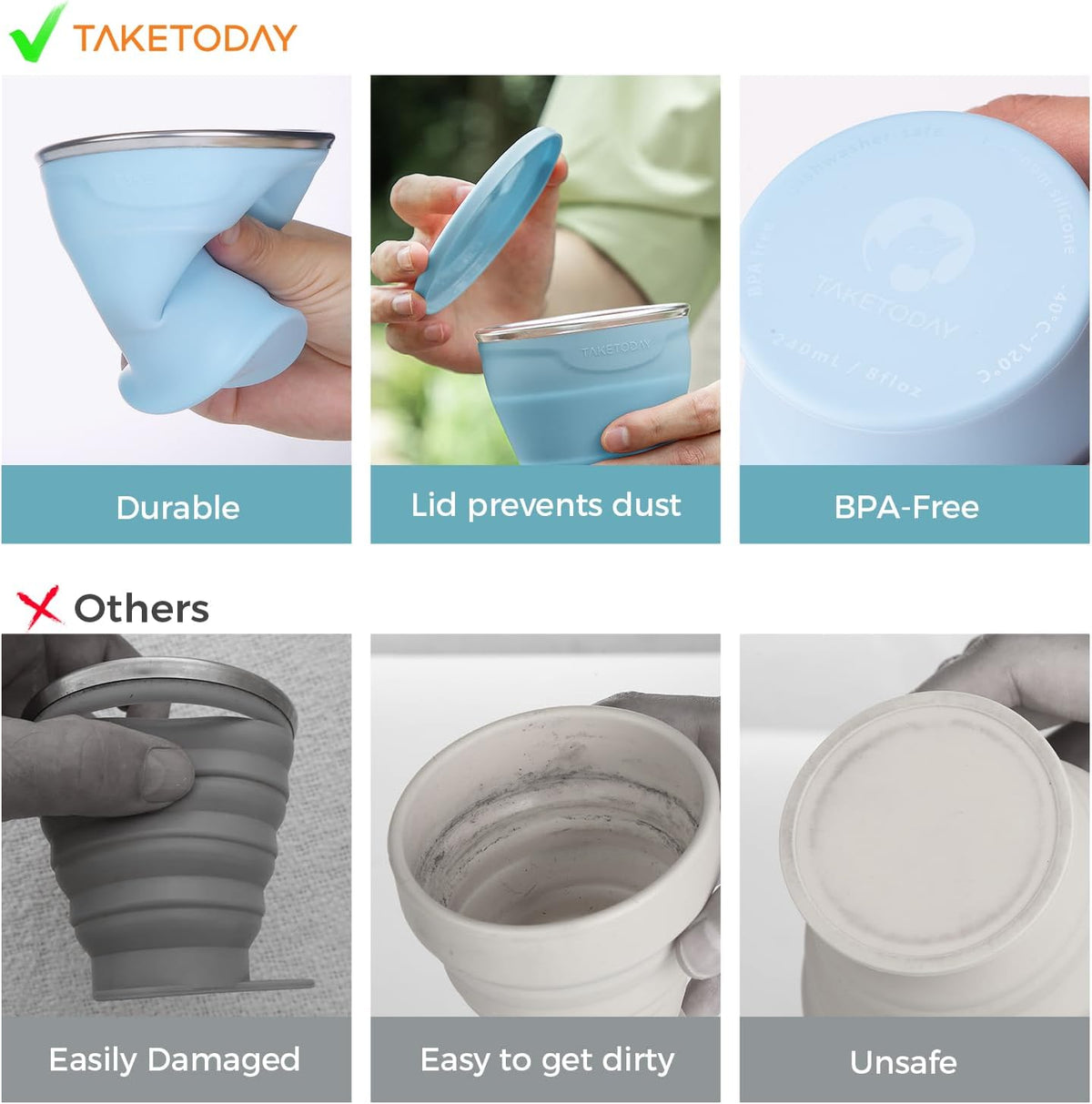 TakeToday Collapsible Travel Cup - 8 oz Silicone Foldable Water Cup with Lid & Waterproof Bag | Blue