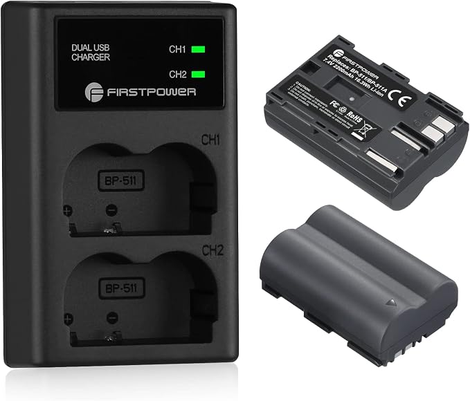 FirstPower BP-511 BP-511a Battery 2-Pack 2200mAh and Dual USB Charger