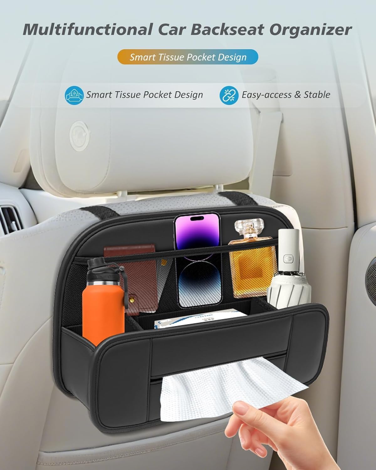 FLORICH Upgrade 5-in-1 Car Backseat Organizer, Premium Leather Headrest Seat Back Storage Pocket with Cup Holder, Foldable Hanging Car Tissue Holder 1 Pack