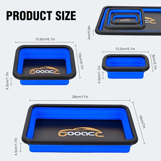 GOOACC 3 Sizes Collapsible Magnetic Parts Tray Set Blue Silicone Foldable Tool Trays Organizer for Screws Bolts Nuts Pins Washers and Other Small Metal Parts Double Sided Magnet Base
