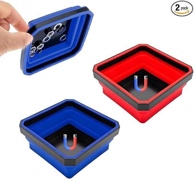 2PCS Collapsible Magnetic Parts Tray, 4.5" Square Silicone Tool Tray with Double-Sided Magnetic Base, Foldable Bowls Small Metal Parts Holder for Screws Bolts Nuts Washers (Red+Blue)