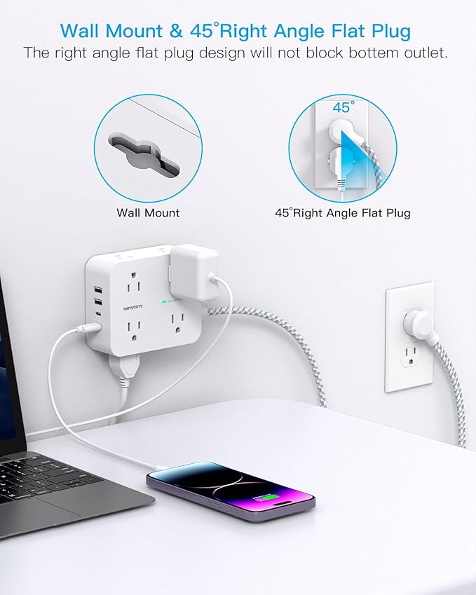 Extension Cord 25 Ft, HANYCONY Surge Protector Power Strip with 8 Outlets 4 USB Ports(2 USB C), Long Cord, Wall Mount, Desk USB Charging Station for Home Office College Dorm Room Essentials
