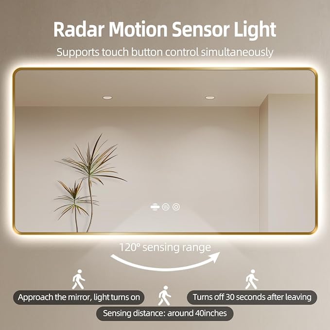 42 x 36 Gold LED Bathroom Mirror, Metal Framed Rounded Corner Rectangle Backlit Mirror Bathroom, Anti-Fog, 3-Color Stepless Dimmable Lighted Mirror, Motion Sensor Lights, Memory Function