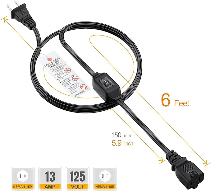 [6-Feet] On Off Switch Extension Cord, 2-Prong Polarized Extension Cord with On-Off Inline Switch 12A 125V for Your Chargers/Lamp/Power Adapters Etc, 16AWG Cord