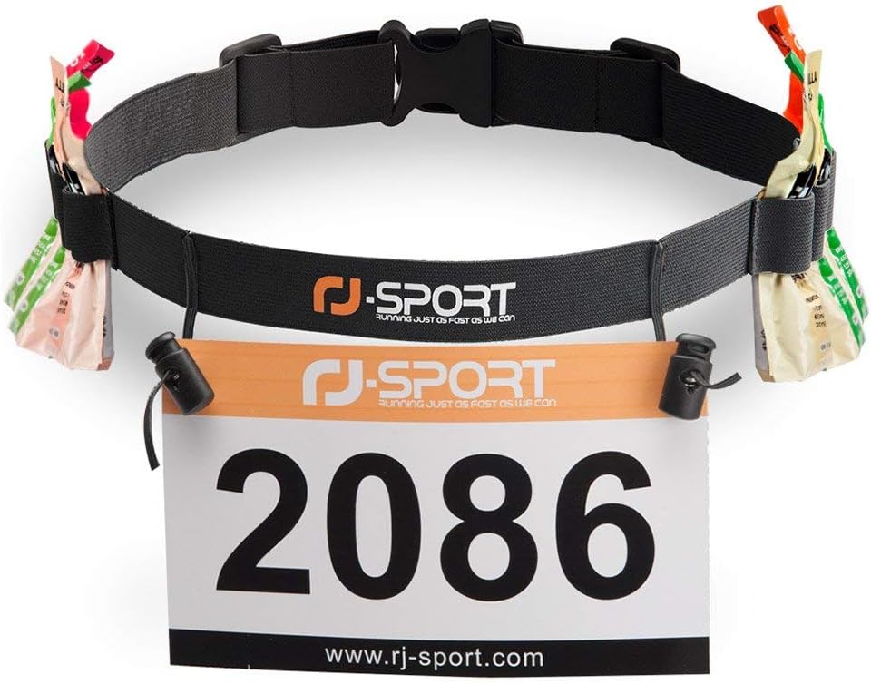 RJ-Sport Race Number Belt - Triathlon Bib Holder with 6 Energy Gel Loops | Ideal for Running & Cycling