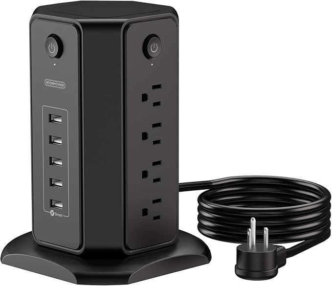 10ft Extension Cord Power Strip Tower, NTONPOWER Flat Plug Surge Protector with 8 Outlets 5 USB Desktop Charging Station, Individual Switches, 1080 Joules, 13A Circuit Breaker for Home Office, Black