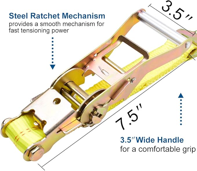 Stay There Axle Tie Down Combo Strap with Snap Hook Ratchet - 2 Inch x 114 Inch - 4 Pack - Classic Yellow - 10000lb Guaranteed Break Strength