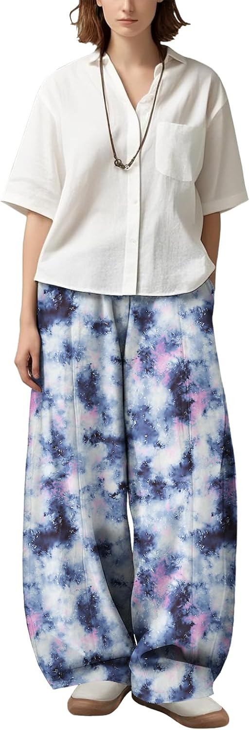 Skiennix Women's High Waist Wide-Leg Pants - Vibrant Color Print | Casual Summer Fashion with Pockets