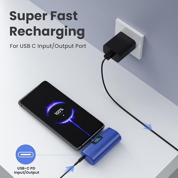 [2-Pack]Small Portable Charger 5200mAh, Upgraded PD USB C Power Bank Built-in USB-C Connector, LCD Display Battery Pack Compatible with iPhone 15/15 Plus/15 Pro/15 Pro Max/Samsung Android(Blue+Green)