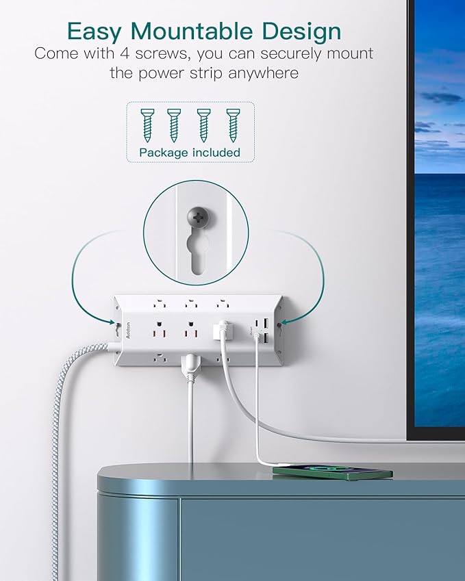 Surge Protector Power Strip 15 ft, Addtam Flat Plug Extension Cord with 4 USB Wall Charger(2 USB C Port), 9 Widely Outlets Desk Charging Station, Home Office and College Dorm Room Essentials