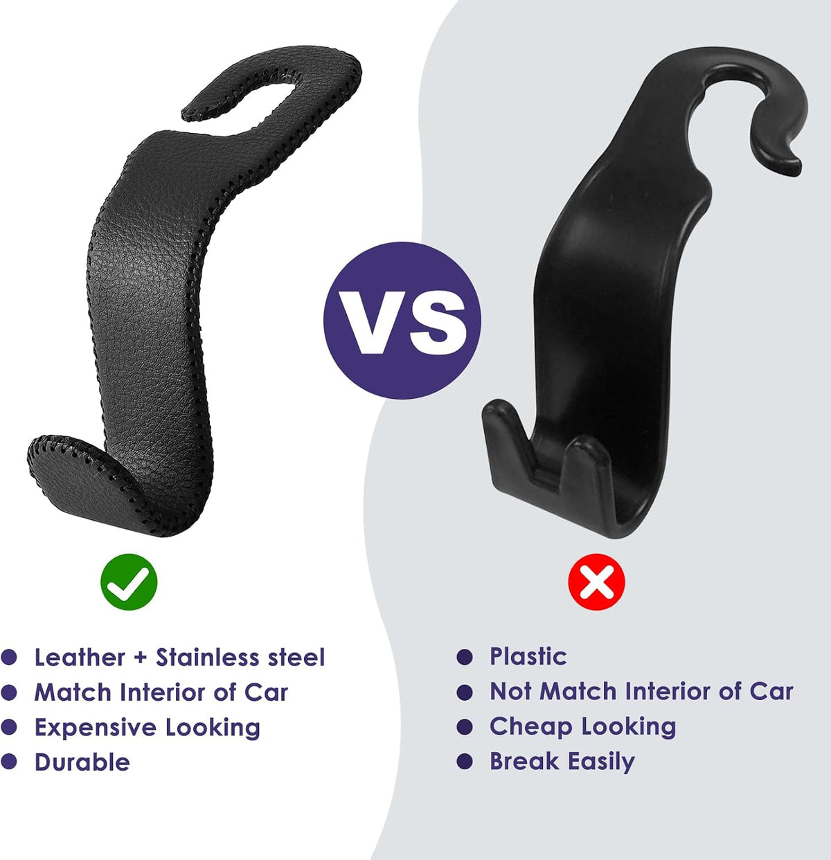 AMVOYOA Leather Car Seat Hooks - U-Shaped Purse Holder for Car, Fully Leather-Wrapped Headrest Hooks for Purses, Bags & Coats, Durable Seat Back Organizer for Travel & Daily Use (Black, 2 Pack)