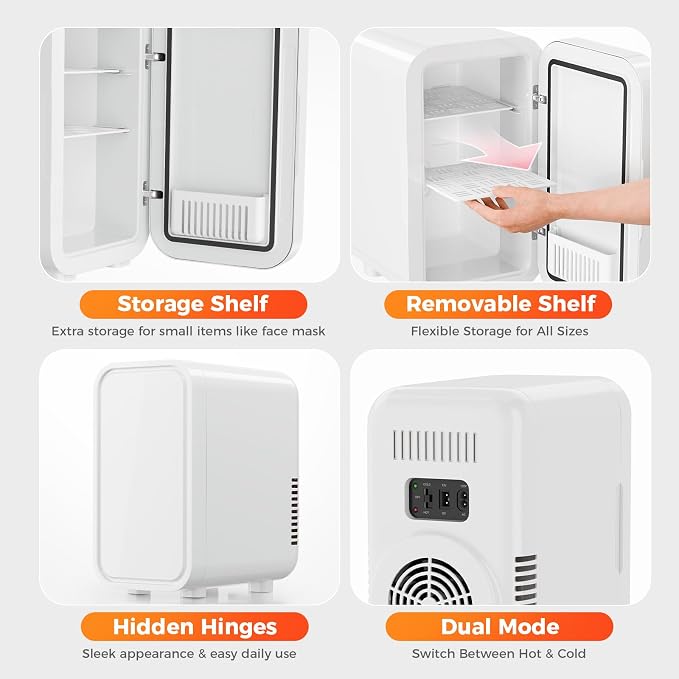 OSTBA Mini Fridge for Skincare, 6 Liter/8 Can 110V AC/ 12V DC Portable Thermoelectric Cooler Refrigerators for Bedroom, Skincare, Beverage, Office, Dorm Room and Car, White