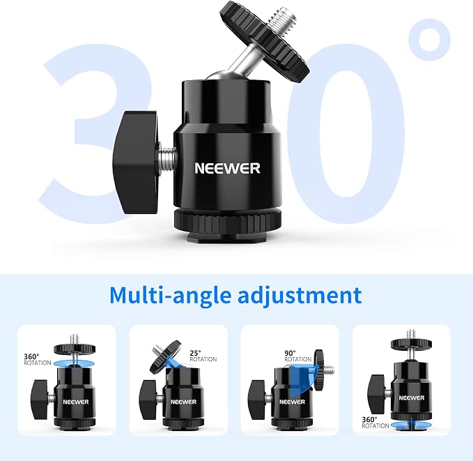 Neewer Mini Ball Head with Cold Shoe & 1/4” Screw, 2 Pack, 360° Swivel 90° Tilt