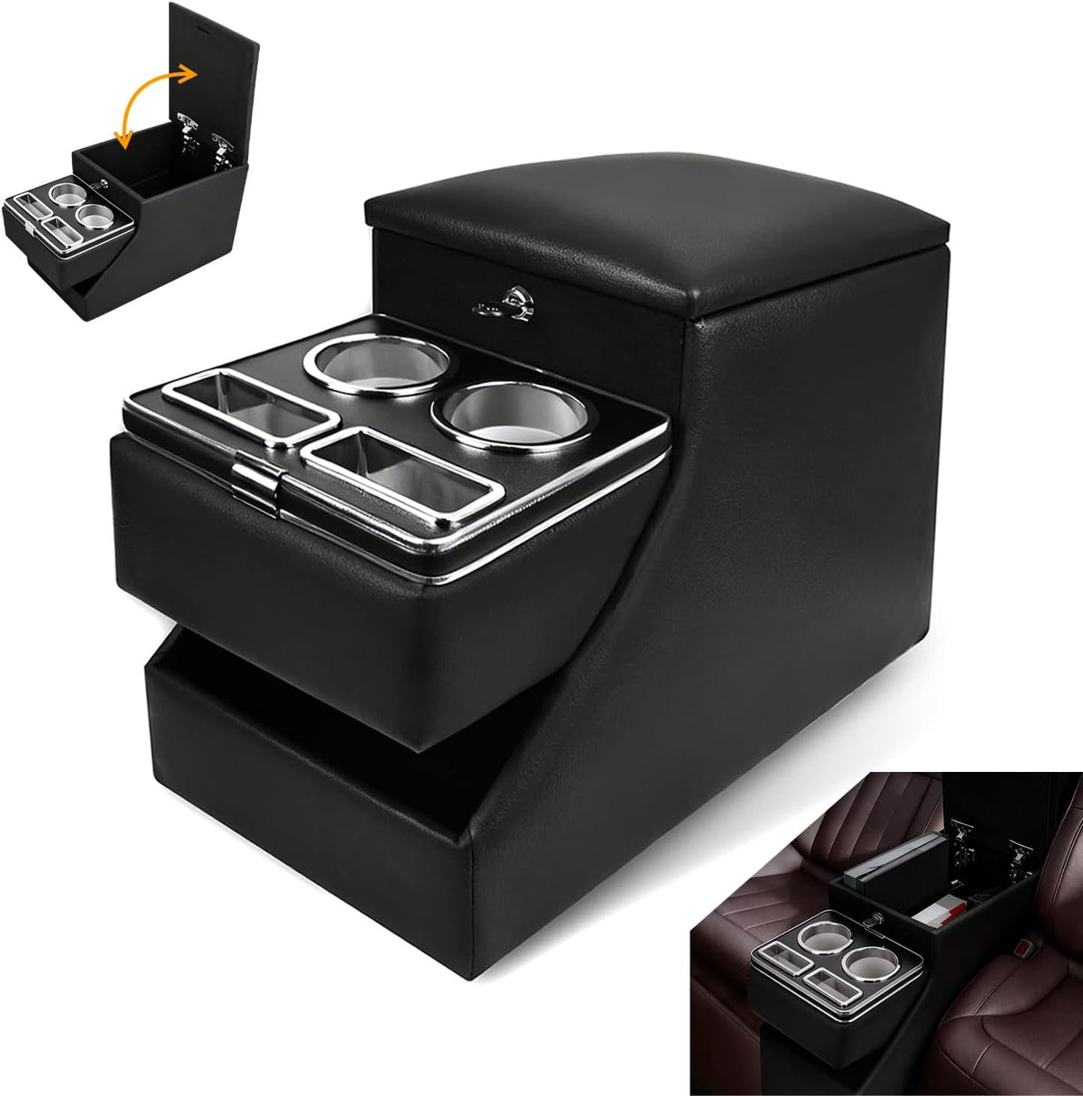 20" L x 9.65" W x 13.78" H, 24L Center Console Between Seats for Minivans, SUVs & Trucks, Floor/Bench Seat Organizer with Locking Hidden Storage, Dual Cup Holders & Armrest