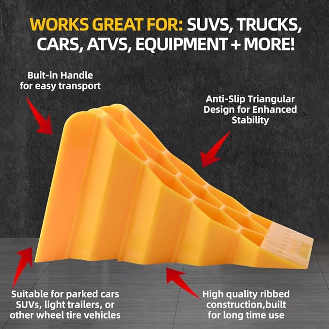 Heavy Duty Wheel Chocks 2 Pack for RV Trailer, Hard Plastic Tire Chocks with Non-Slip Surface, Wheel Stop Blocks for Truck Camper Travel Trailer Parking Safety.