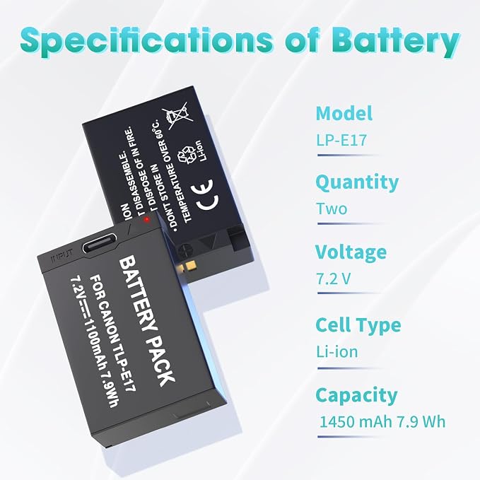 LP LP-E17 Battery 2-Pack 1450mah USB-C Charging Port Battery