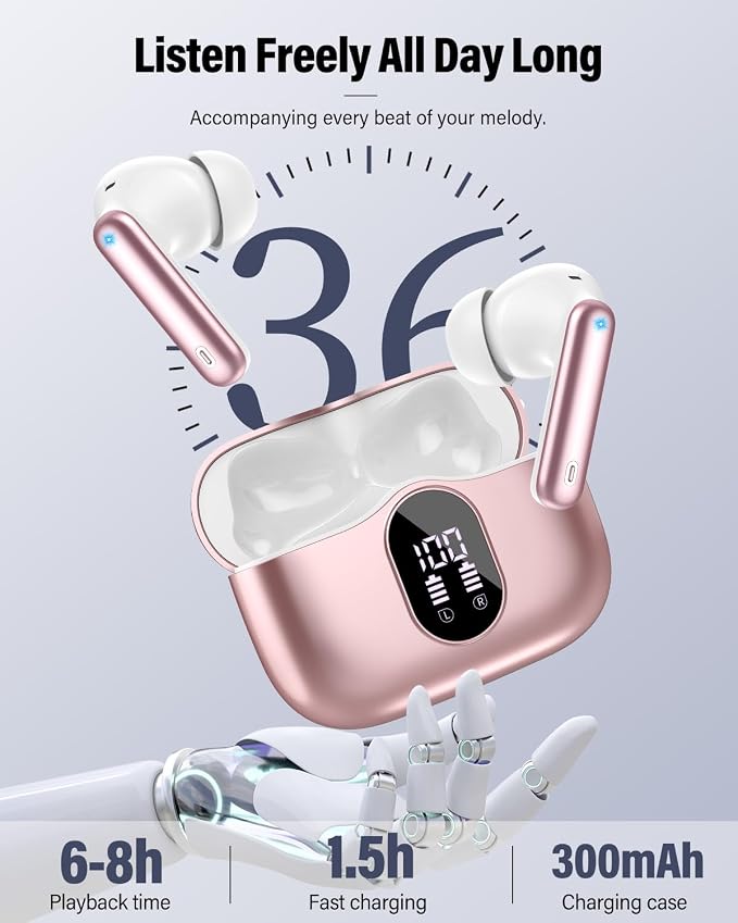 Wireless Earbuds, Bluetooth 5.4 Headphones Bass Stereo/Clear Call,Rose Gold | Ear Buds with Noise Cancelling Mic LED Display in Ear Earphones IP7 Waterproof 36H Bluetooth Earbuds for Phones/Sport/Laptop
