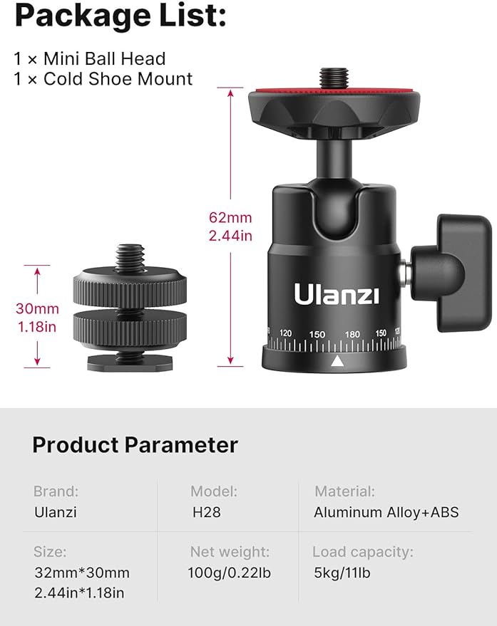 Mini Ball Head, ULANZI H28 Panoramic Tripod Head + Dual Hot Shoe Mount DSLR