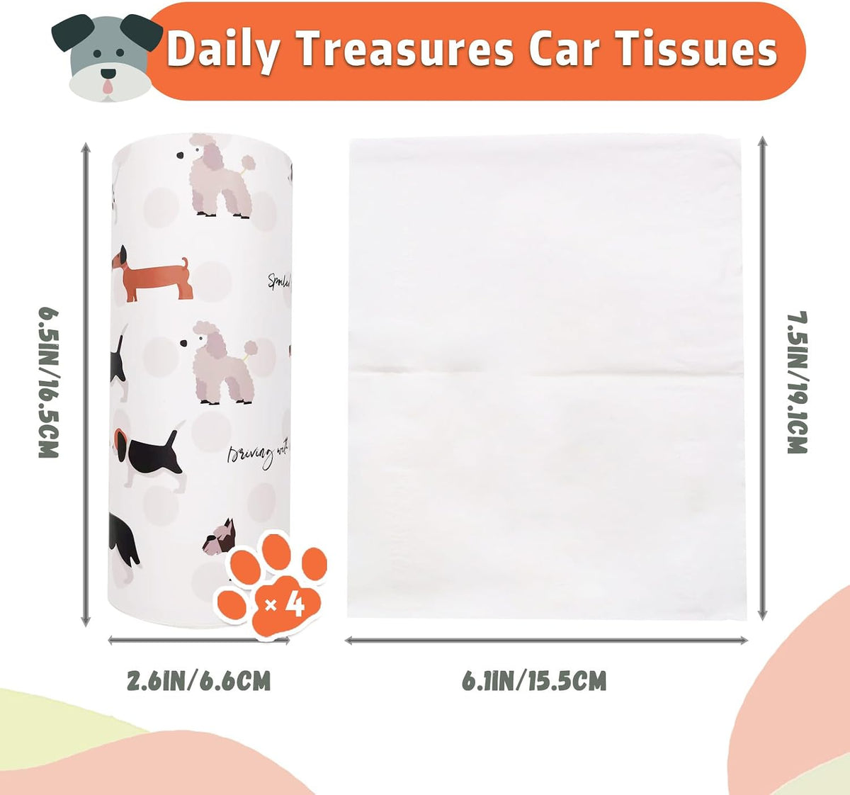 Daily Treasures 4 Pack Car Tissue Box with Facial Tissues,Cute Round Tissue Boxes for Car,Puppy Car Tissue Holder,Refill Cylinder Tissues for Car Holder Travel Bathroom(Dog)