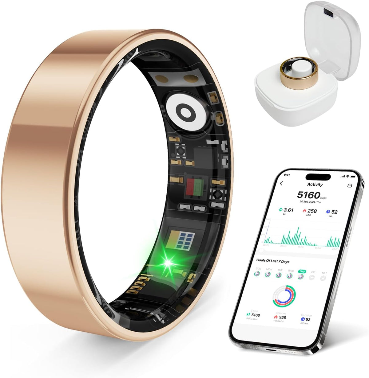 Smart Health Ring - Waterproof Fitness Tracker with Stress & Sleep Monitoring | Compatible with iOS & Android (Rose Gold, Size 8)