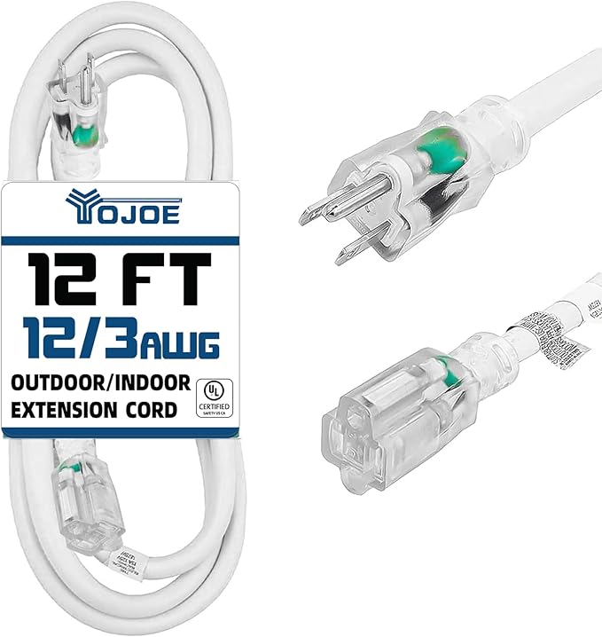 YOJOE Indoor Outdoor Extension Cord with Lighted End, 3 Prong 15A Weatherproof Power Cord, 12 Gauge Heavy Duty 12 ft White Extension Cord for Garage, Garden and Home, 12/3 SJTW UL Listed