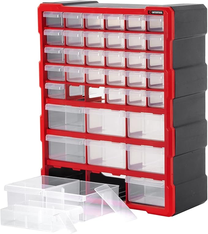 INTERTOOL Small Parts Organizer for Hardware & Screws | 39 Removable Bins with Dividers | Wall Mount or Desktop Craft & Lego Storage Cabinet | 19” x 15” x 7” BX08-4013