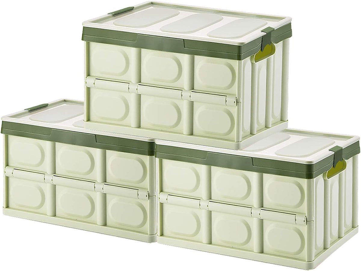 Phyllia Foldable Storage Boxes with Lids, 3 Pack Collapsible Plastic Storage Bins Organizer Containers Baskets Cub with Cover,Stackable Utility Crates Storage Box (Green, 30L)