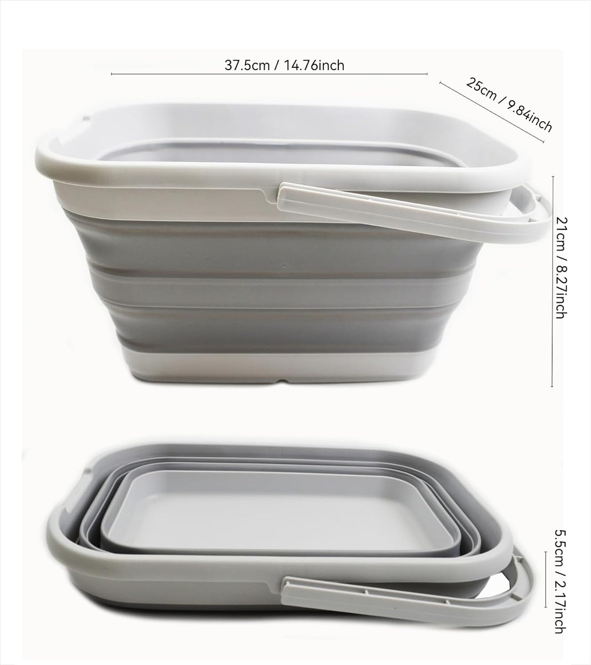 SAMMART 12L (3.17 Gallon) Collapsible Rectangular Handy Bucket, Mop Bucket for Window Cleaning, Foldable Tub with Handle for Car Washing, Space Saving Portable Plastic Organizer for Storage (1, Grey)