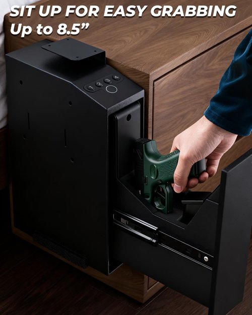 Biometric Pistol Gun Safe - Quick Access Auto Sliding Door | Fingerprint & PIN Code Security Box - Ideal for Nightstand & Truck