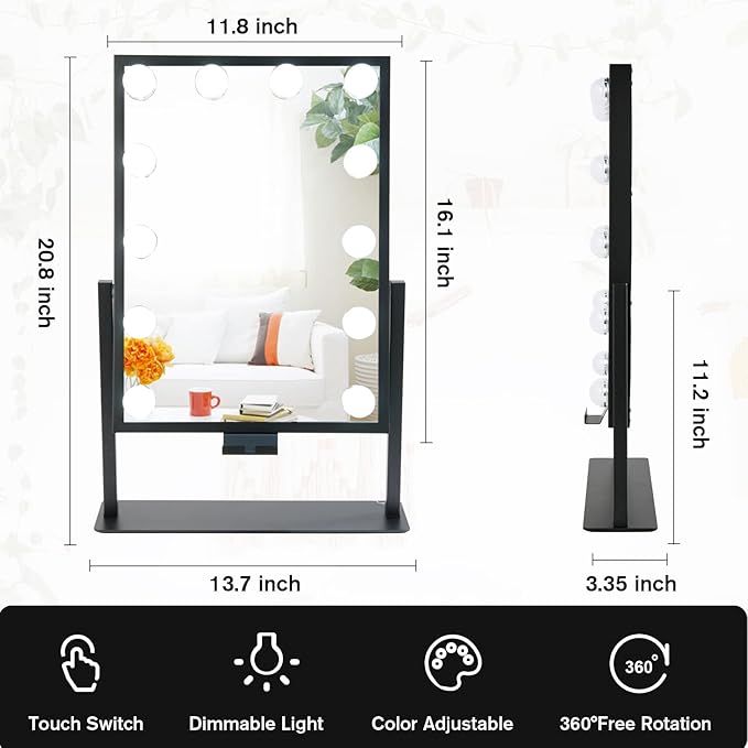Vanity Mirror with Lights, Lighted Makeup Mirror, Hollywood Mirror with Phone Holder, 12 Dimmable LED Bulbs, 3 Color Lighting Modes, Detachable 10X Magnification, 360°Rotation(Black)