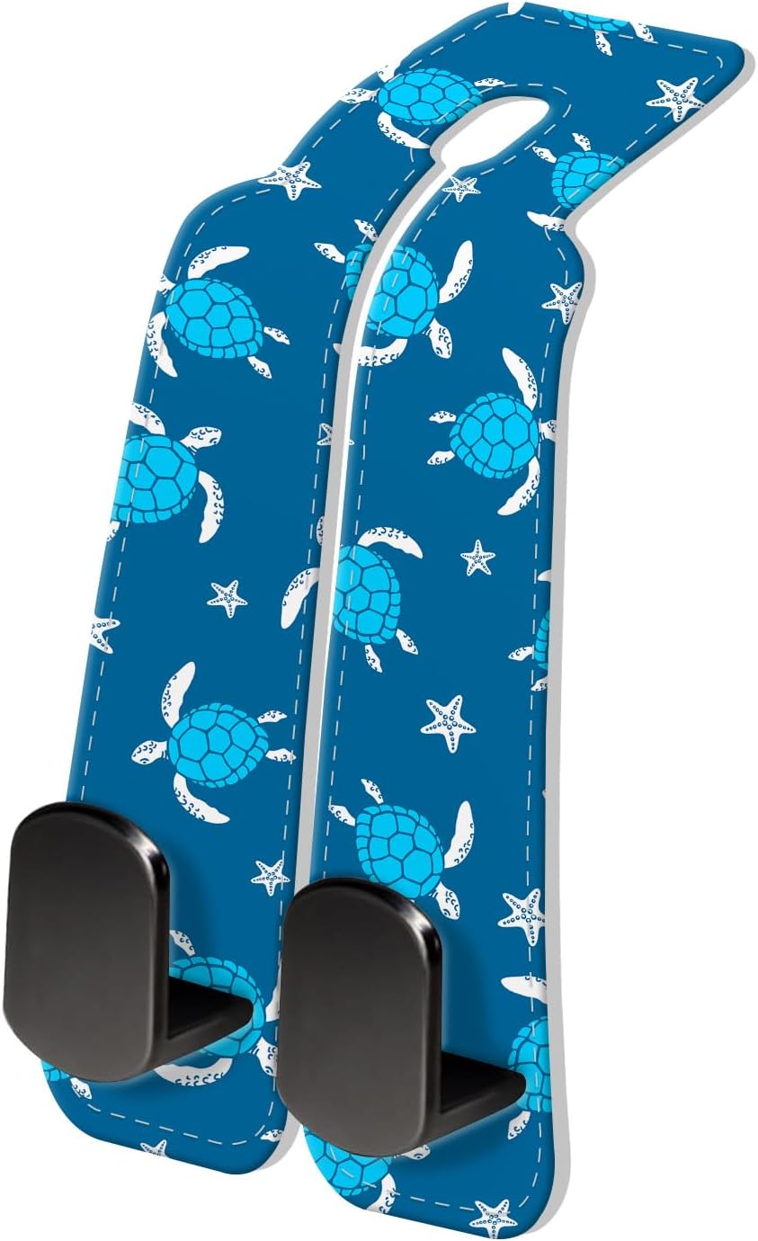 PU Leather Car Seat Hook, Storage Headrest Hanger, Cute Car Backseat Organizer, Car Hooks For Purses and Bags Cute Blue Sea Turtle