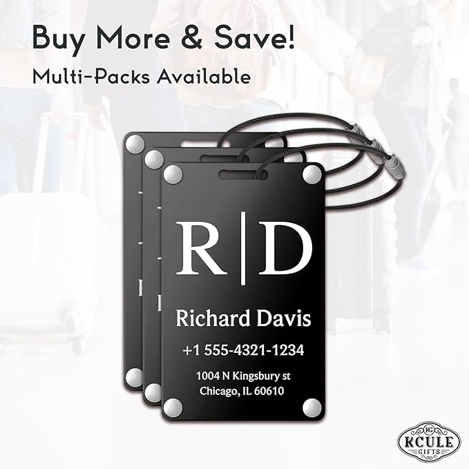 Personalized Luggage Tags for Suitcases - Monogram Style Aluminum Custom Luggage Tags for Backpacks & Bags, Sturdy, Waterproof & Heavy Duty (Black/Card-Sized)