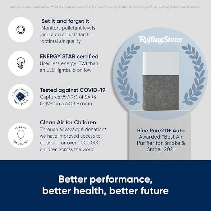 BLUEAIR Air Purifier Large Room, Air Cleaner for Dust Pet Dander Smoke Mold Pollen Bacteria Virus Allergen, Odor Removal, for Home Bedroom Living Room, Washable Pre Filter, HEPASilent, Blue 211+ Auto