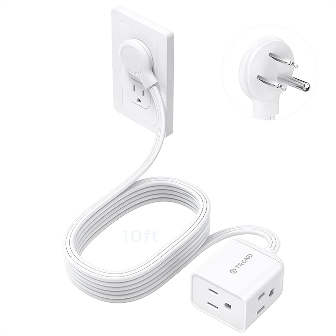 TROND Flat Extension Cord 10ft - Right Angled Flat Plug Power Strip, ETL Listed, 3 Plug Extension Outlets, Three Prong, SPT 16/3 Gauge Cable, 13 Amps, Compact for Indoor Home Office Kitchen, White