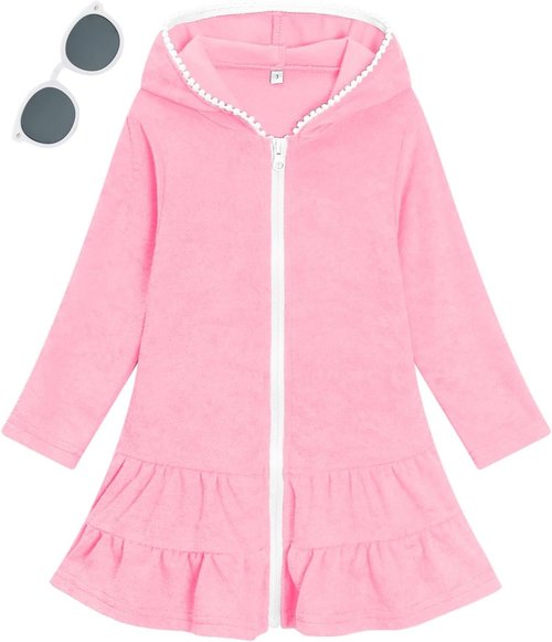 LUCKYGAL Girls Swim Cover-Up - Long Sleeve Terry Swimsuit for Beach & Pool Fun | Stylish with Sunglasses