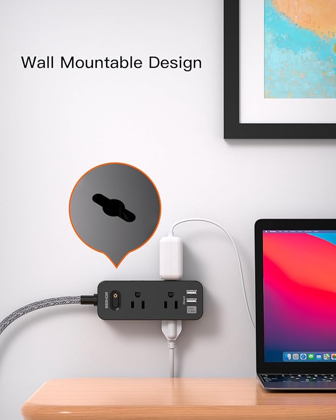 Extension Cord 20FT, BESHON Power Strip Surge Protector, 6 Outlets with 3 USB Ports(1 USB C Outlet), 3-Side Outlet Extender, Wall Mount, Compact for Travel, Home, College Dorm Room, and Office, Black