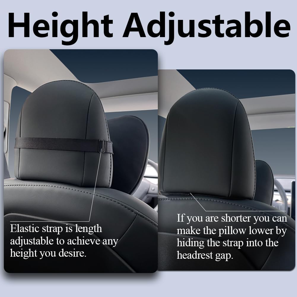 Adjustable Headrest Neck Pillow 2-Pack for Tesla Y/3/S/X/Cybertruck, Black Leather, Under 5'7"